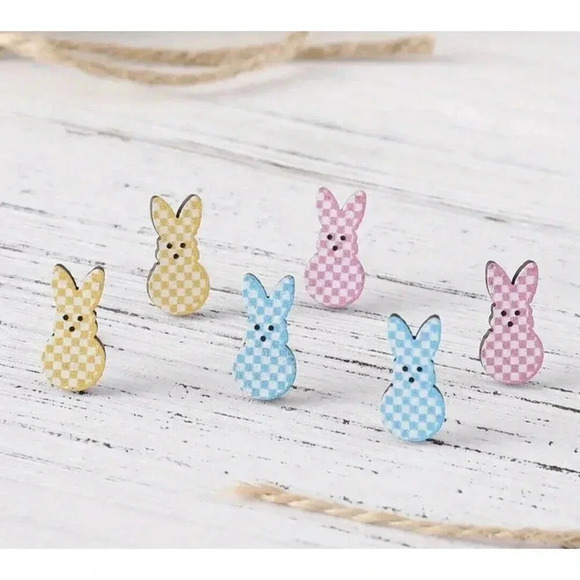 Pair of Cute Colorful Easter Plaid Rabbits New Wooden Character Earrings - Picture 1 of 1